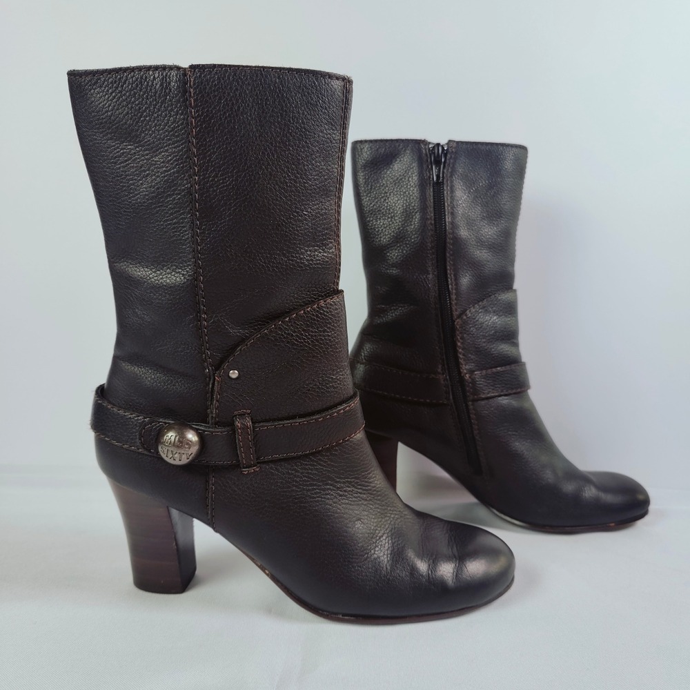 Miss Sixty Vintage Y2K Brown Leather Heeled Boots Chunky Button Go Go Mod 39